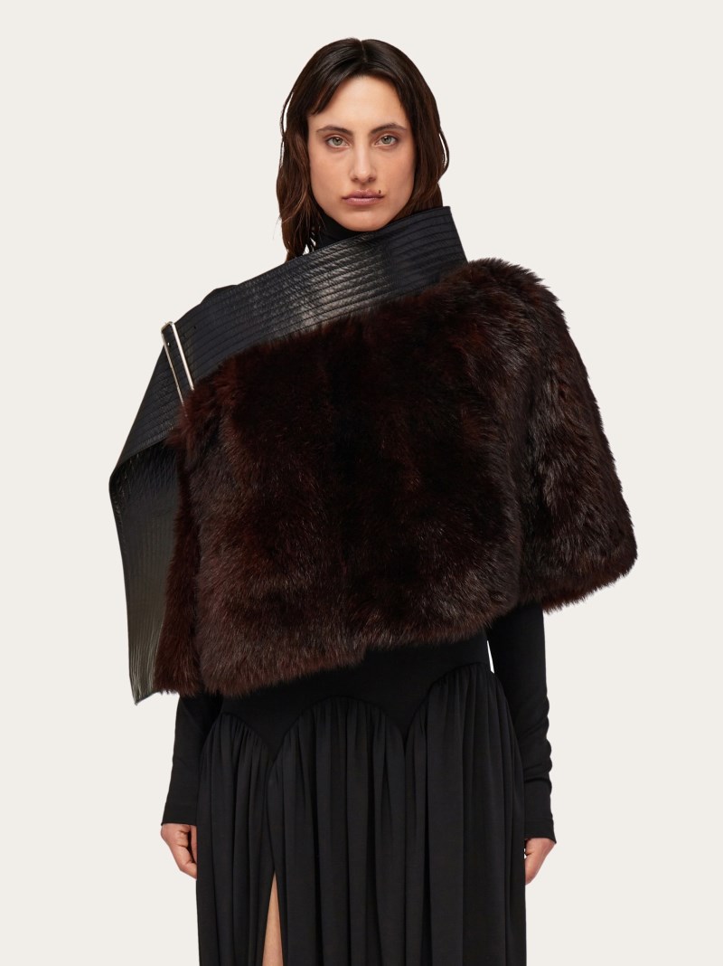 Ferragamo | Women's Shearling Cape With Leather Belt - Dark Brown