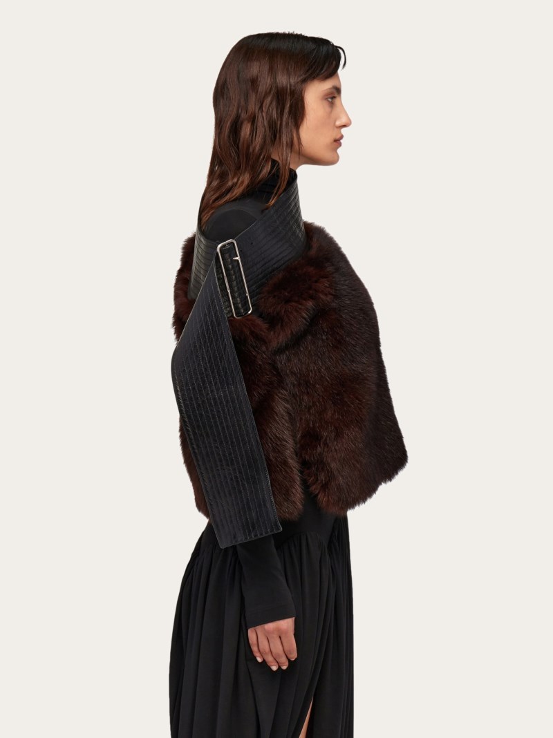 Ferragamo | Women's Shearling Cape With Leather Belt - Dark Brown