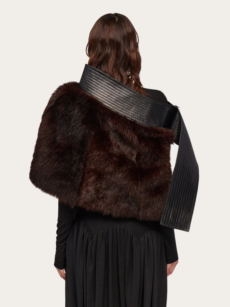 Ferragamo | Women's Shearling Cape With Leather Belt - Dark Brown