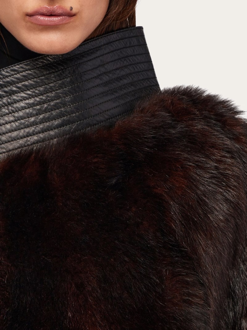 Ferragamo | Women's Shearling Cape With Leather Belt - Dark Brown