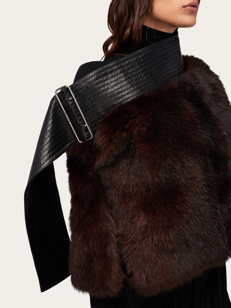 Ferragamo | Women's Shearling Cape With Leather Belt - Dark Brown