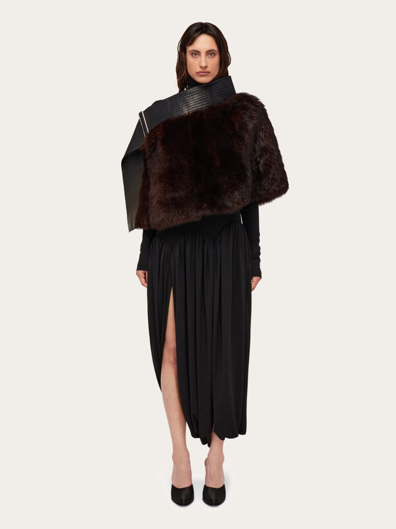 Ferragamo | Women's Shearling Cape With Leather Belt - Dark Brown