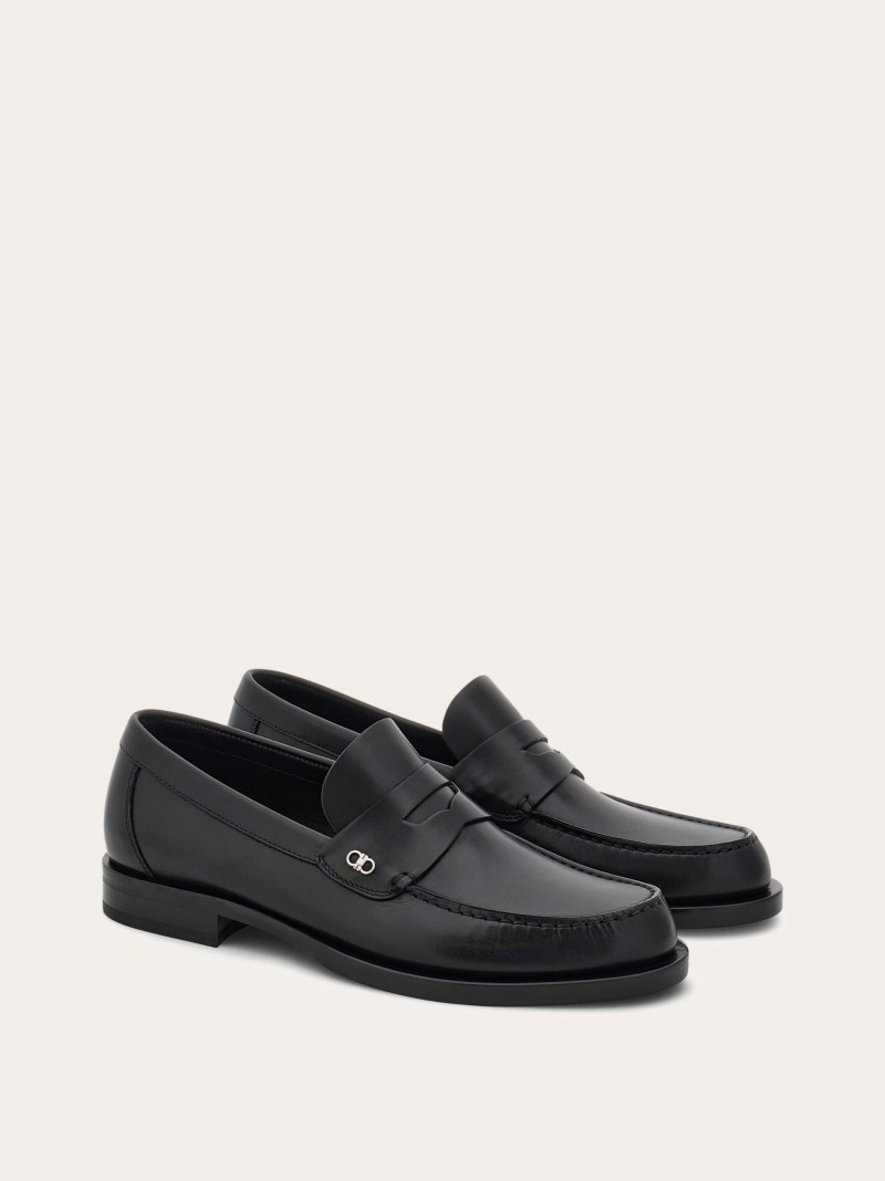 Ferragamo | Men's Penny Loafer With Gancini Ornament - Black