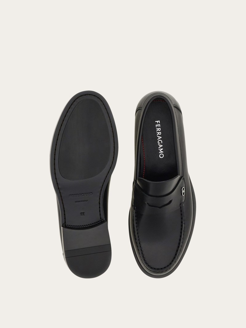 Ferragamo | Men's Penny Loafer With Gancini Ornament - Black