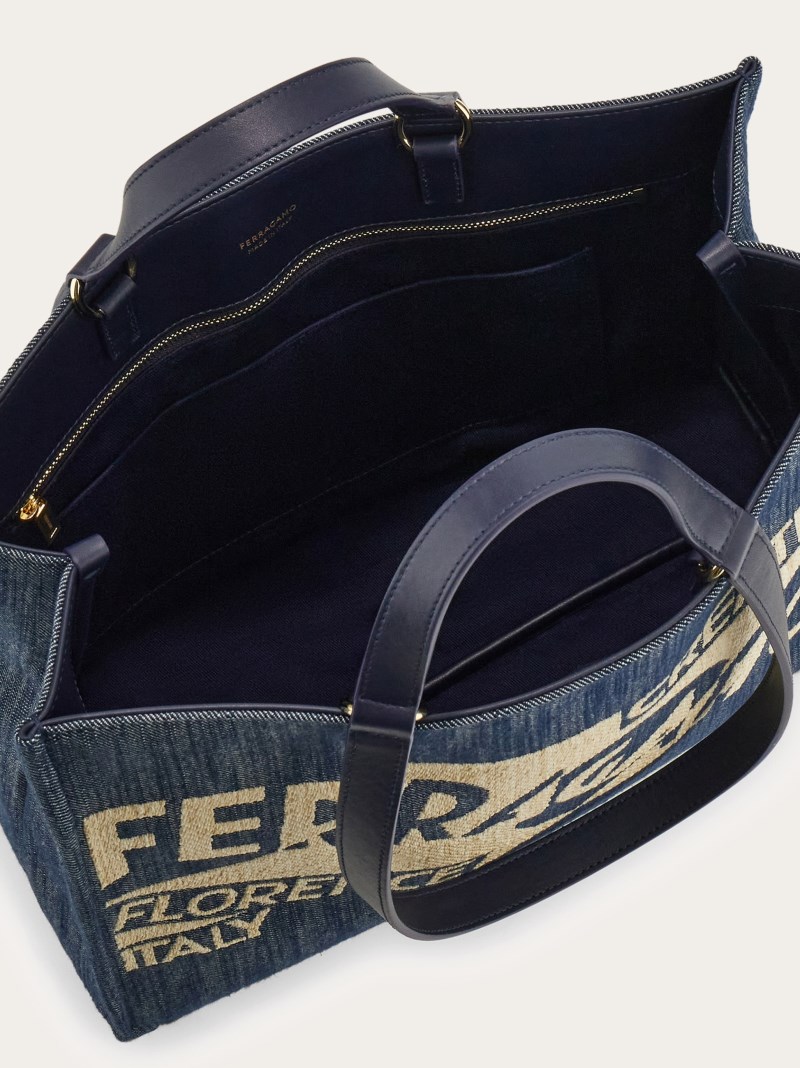 Ferragamo | Women's Tote Bag With Logo - Denim/Natural