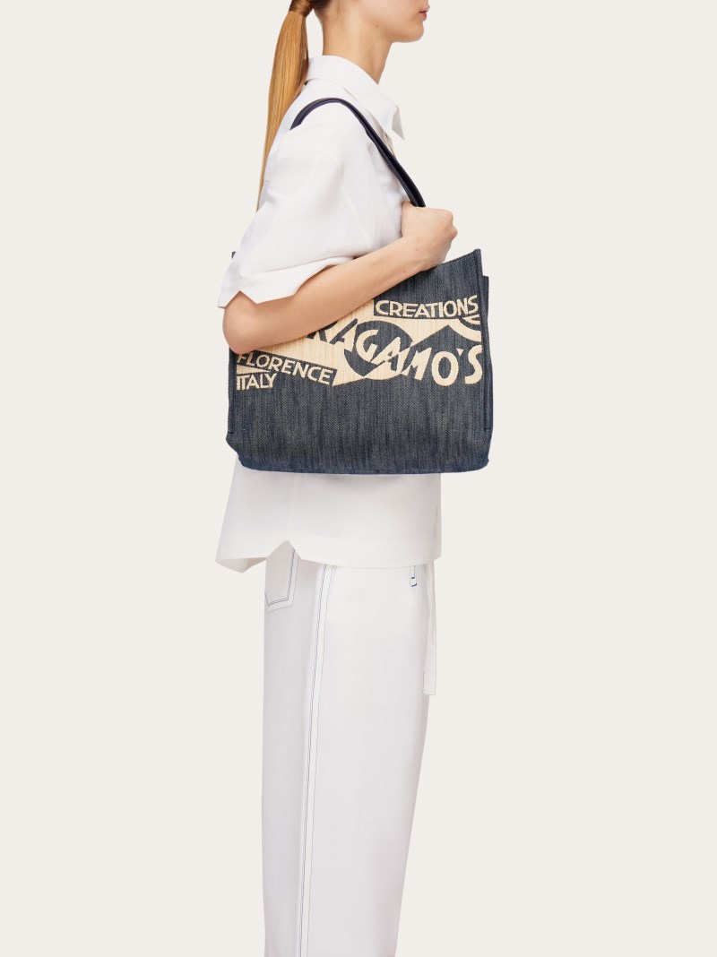Ferragamo | Women's Tote Bag With Logo - Denim/Natural