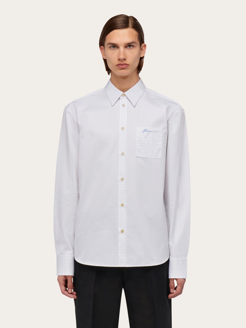 Ferragamo | Men's Micro Checked Long Sleeved Shirt - White/Blue