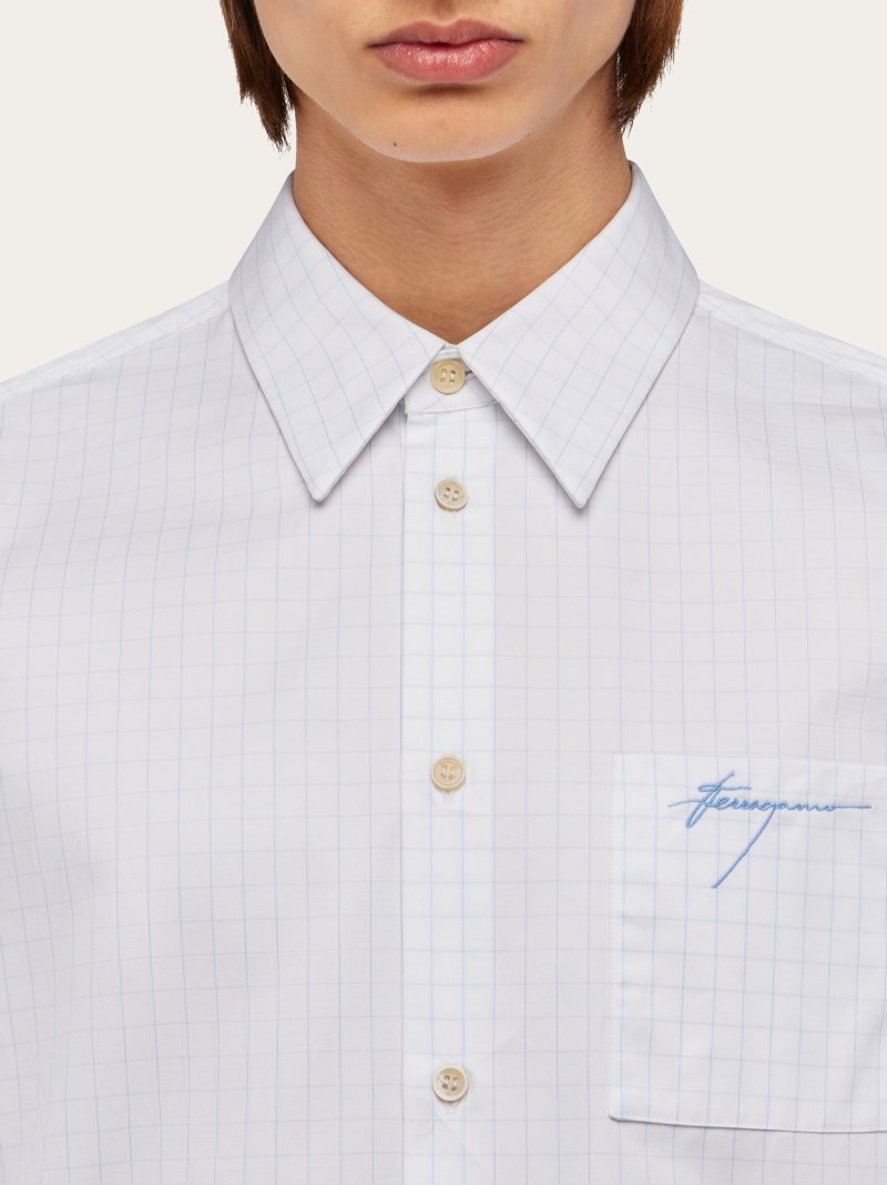 Ferragamo | Men's Micro Checked Long Sleeved Shirt - White/Blue