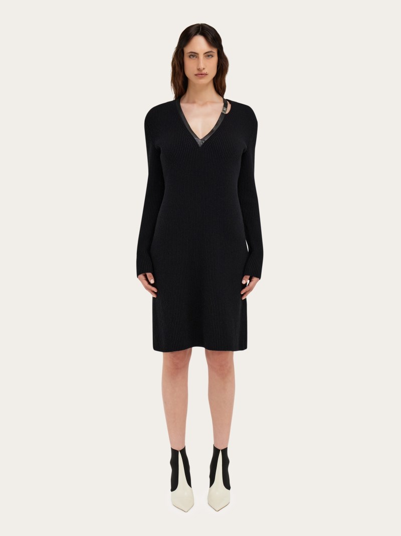 Ferragamo | Women's Knitted Wool Dress With Leather Trim - Black