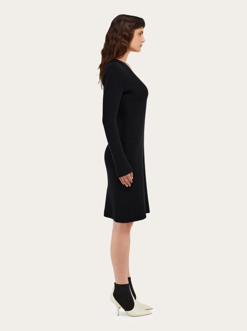 Ferragamo | Women's Knitted Wool Dress With Leather Trim - Black