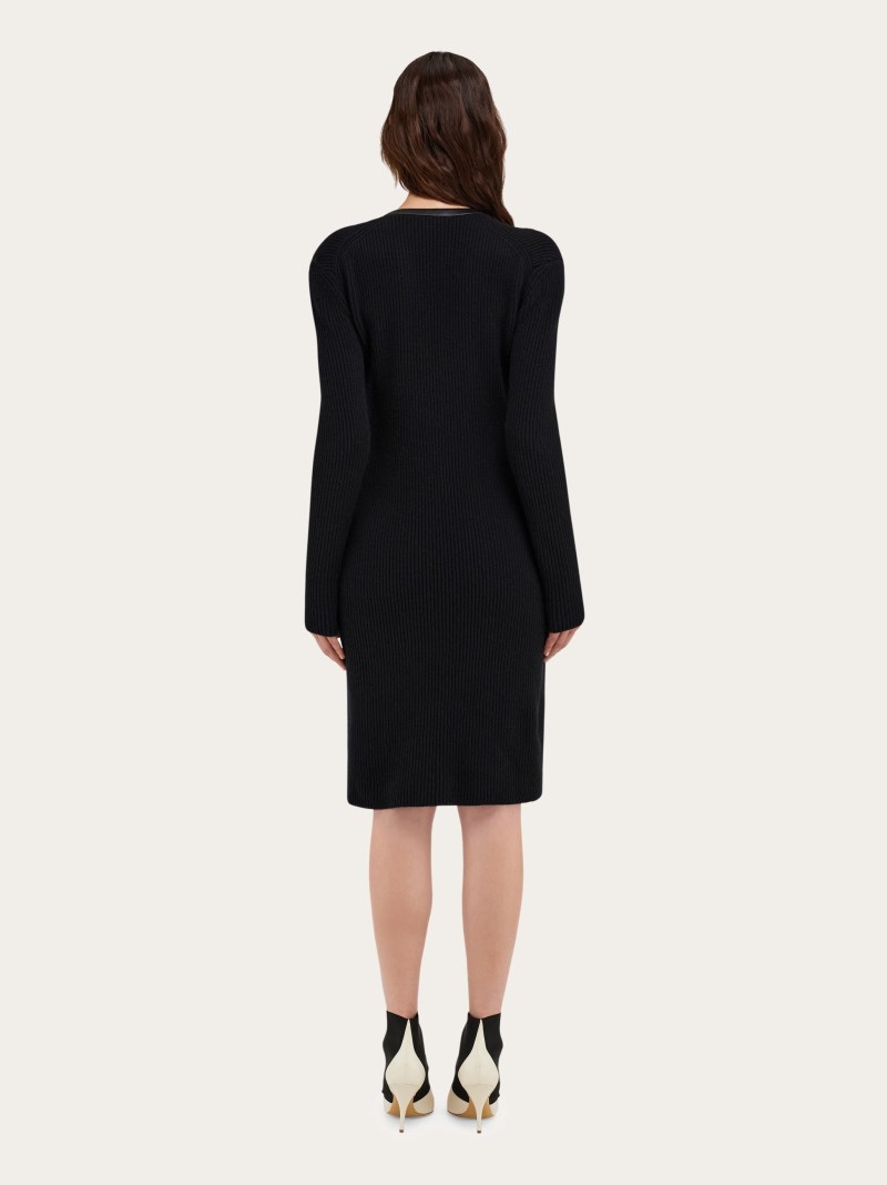 Ferragamo | Women's Knitted Wool Dress With Leather Trim - Black