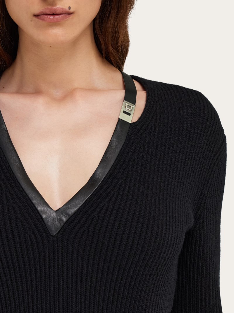 Ferragamo | Women's Knitted Wool Dress With Leather Trim - Black