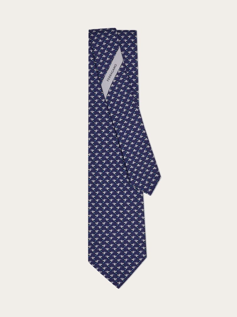 Ferragamo | Men's Hummingbird Print Silk Tie - Navy Blue