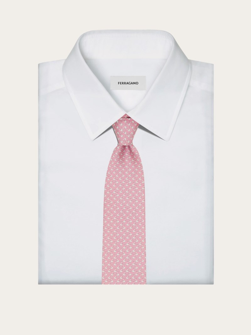 Ferragamo | Men's Swan Print Silk Tie - Pink