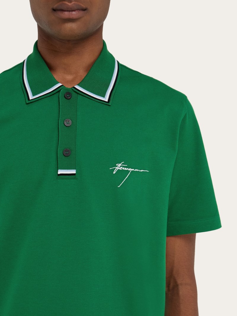 Ferragamo | Men's Cotton Polo Shirt With Signature - Forest Green