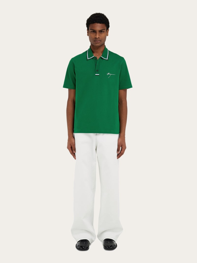 Ferragamo | Men's Cotton Polo Shirt With Signature - Forest Green