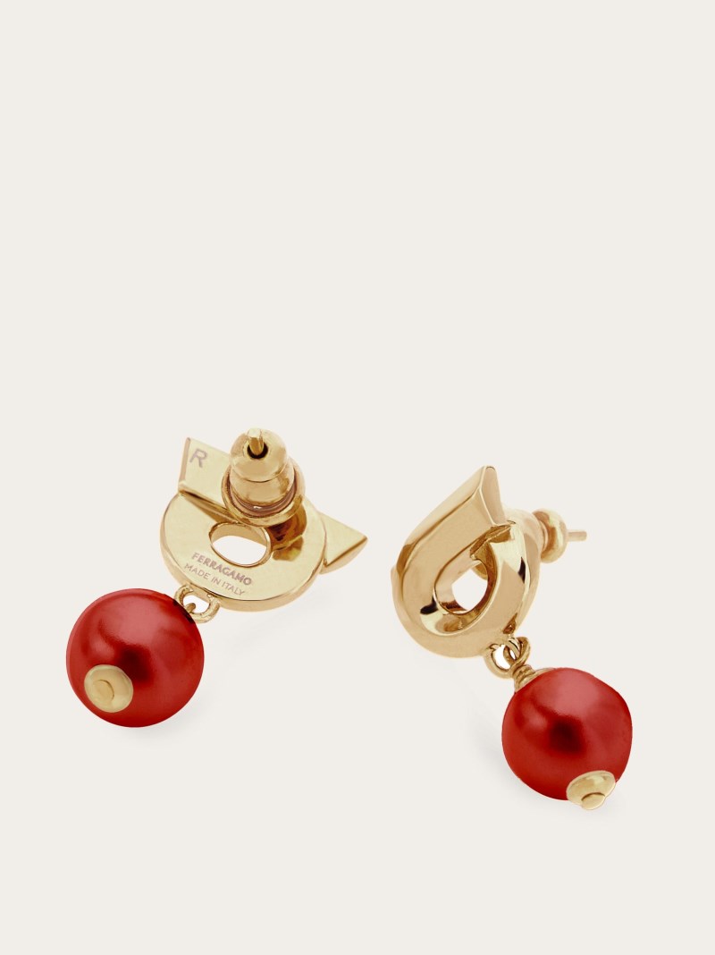 Ferragamo | Women's Gancini Earrings With Glass Pearl - Gold/Red