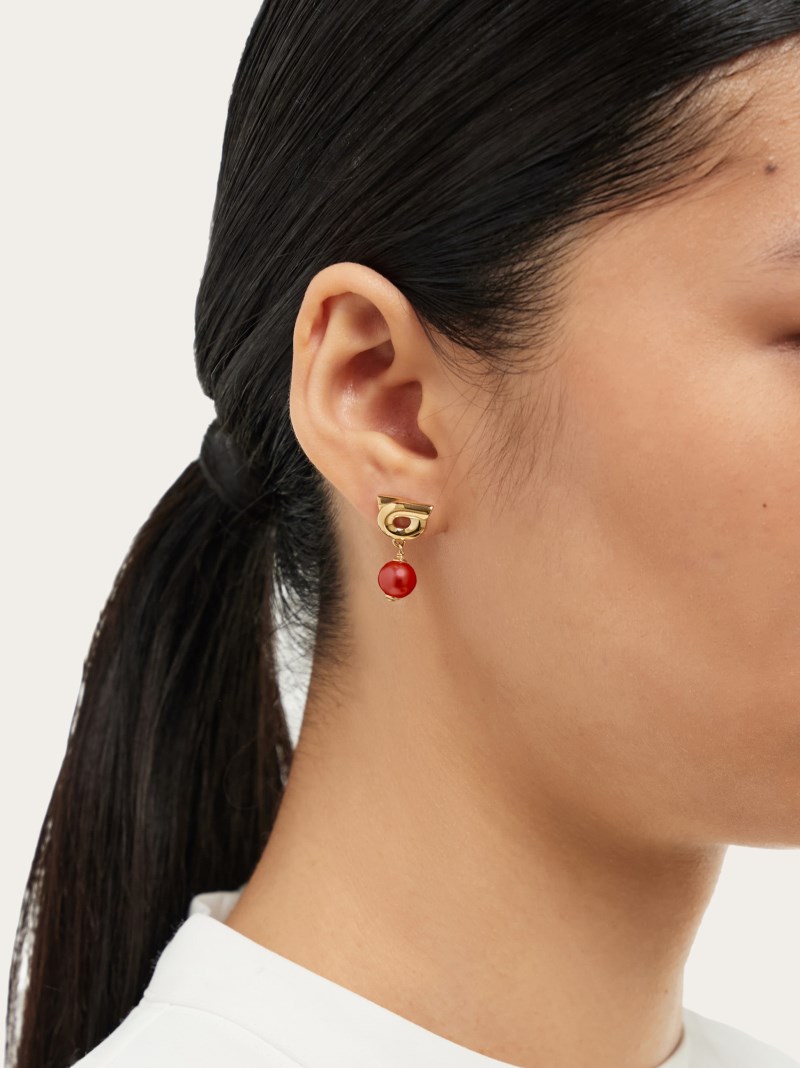 Ferragamo | Women's Gancini Earrings With Glass Pearl - Gold/Red