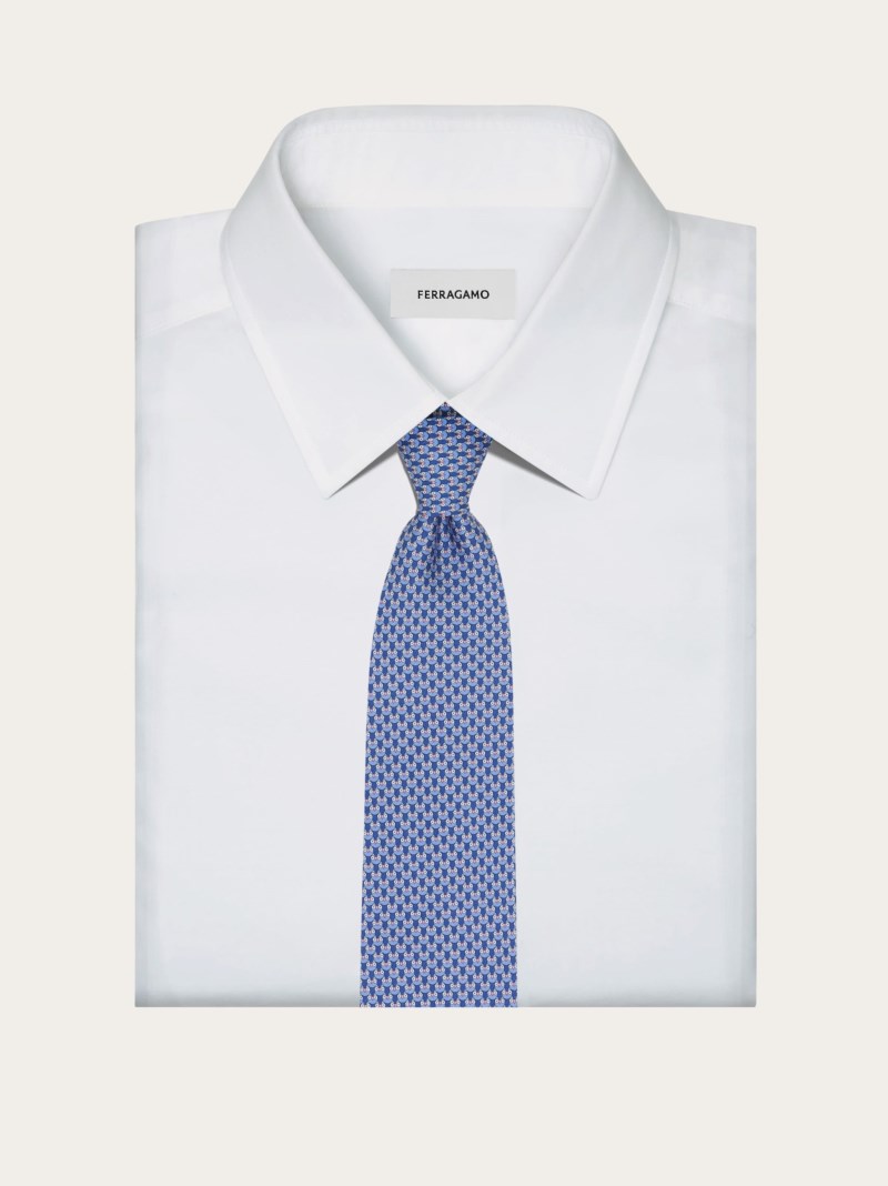 Ferragamo | Men's Owl Print Silk Tie - Bluette