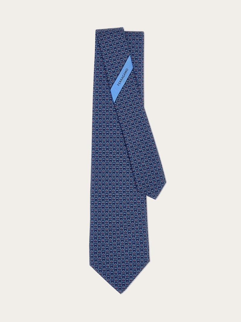 Ferragamo | Men's Monogram Print Silk Tie - Navy Blue/Red