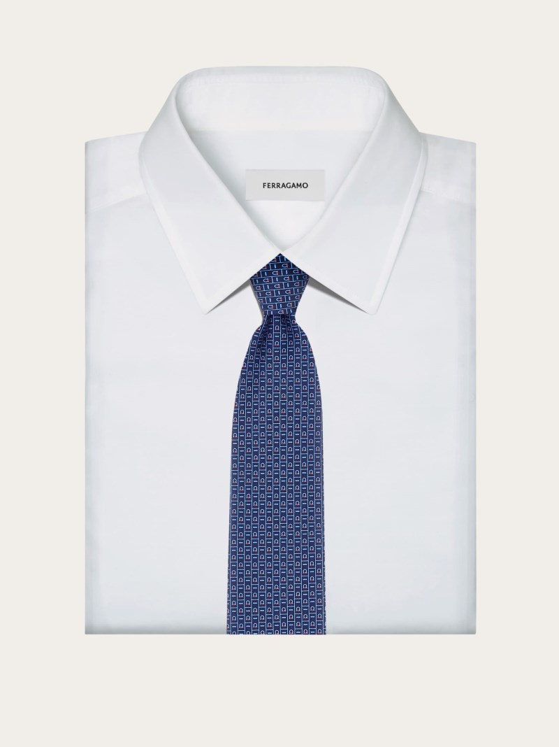 Ferragamo | Men's Monogram Print Silk Tie - Navy Blue/Red