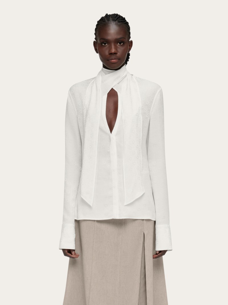 Ferragamo | Women's Monogram Shirt With Sash Collar - Mascarpone
