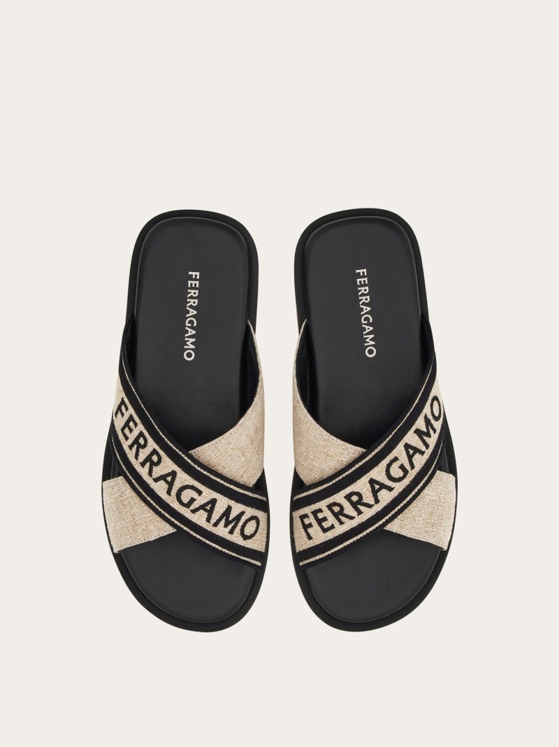 Ferragamo | Men's Sandal With Crossover Straps - Beige/Black