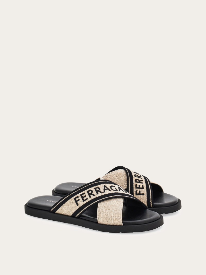 Ferragamo | Men's Sandal With Crossover Straps - Beige/Black