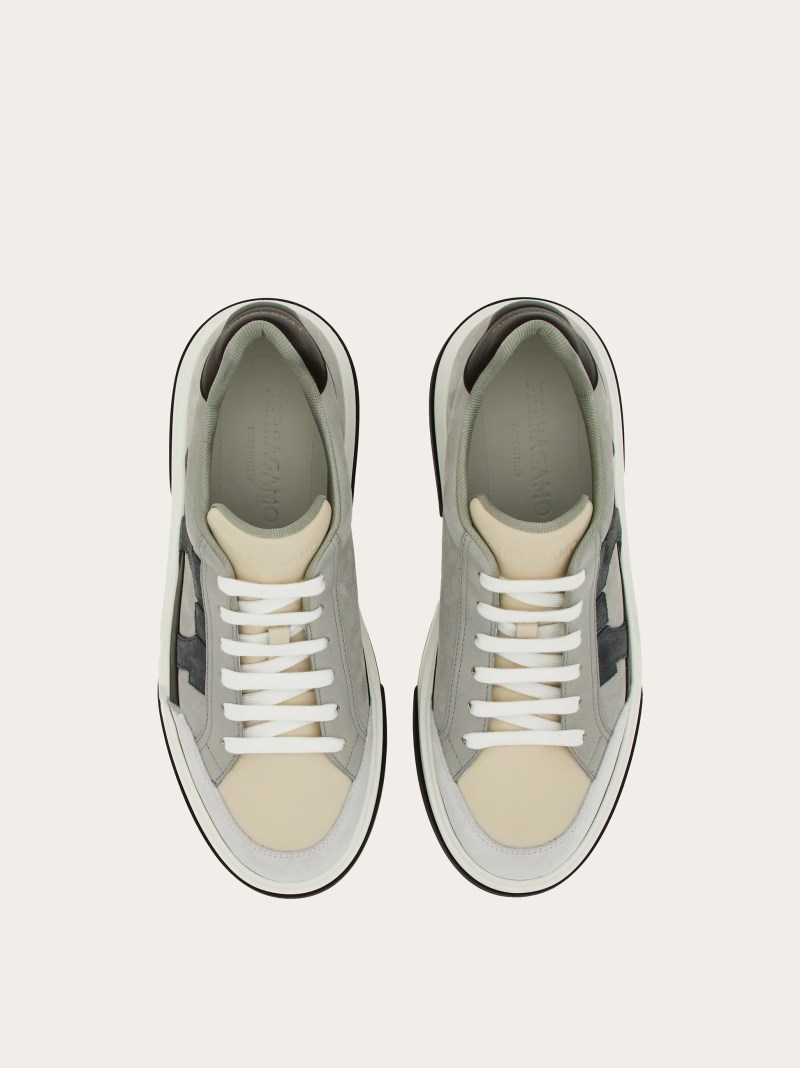Ferragamo | Men's Low Cut Sneaker With Gancini Outline - White/Mascarpone