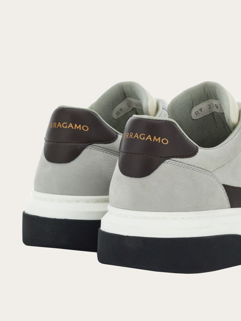 Ferragamo | Men's Low Cut Sneaker With Gancini Outline - White/Mascarpone