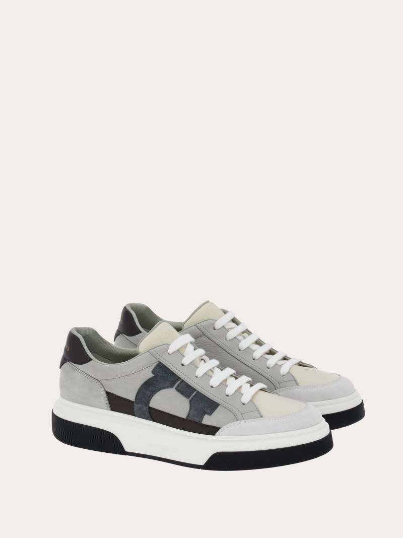 Ferragamo | Men's Low Cut Sneaker With Gancini Outline - White/Mascarpone