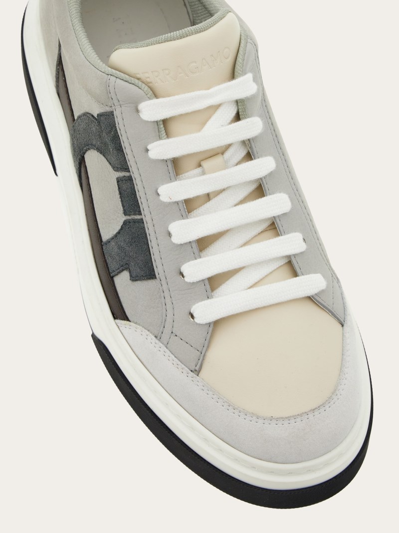 Ferragamo | Men's Low Cut Sneaker With Gancini Outline - White/Mascarpone