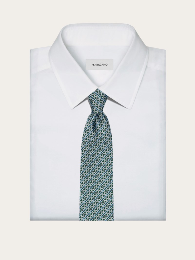 Ferragamo | Men's Gancini Print Silk Tie - Green