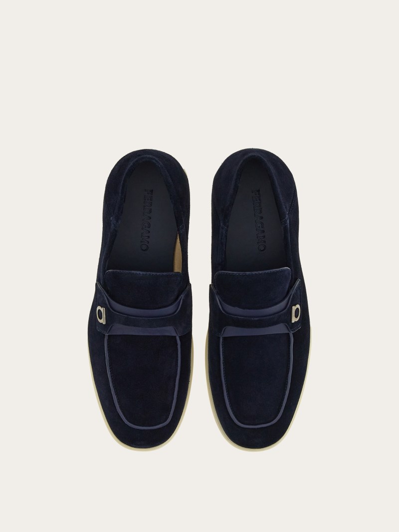 Ferragamo | Men's Deconstructed Loafer With Gancini Ornament - Midnight Blue