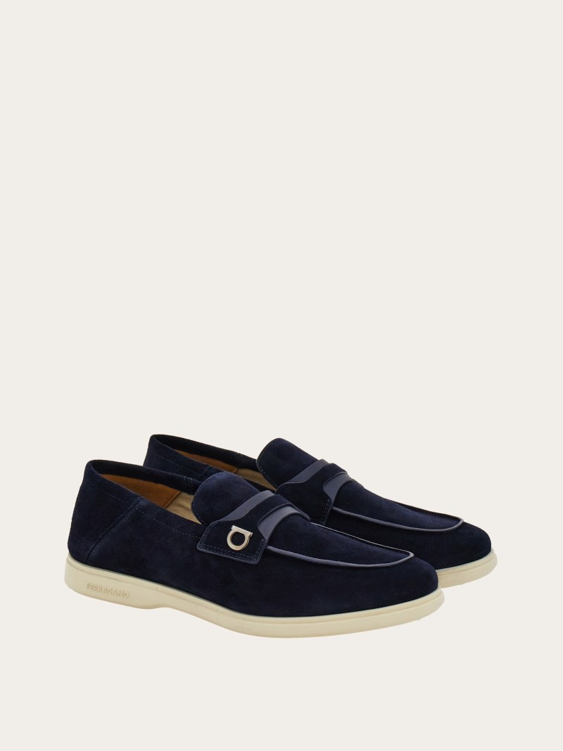 Ferragamo | Men's Deconstructed Loafer With Gancini Ornament - Midnight Blue