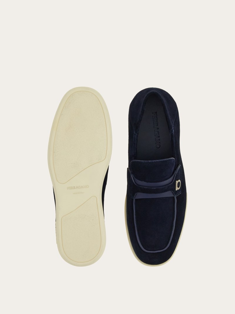 Ferragamo | Men's Deconstructed Loafer With Gancini Ornament - Midnight Blue