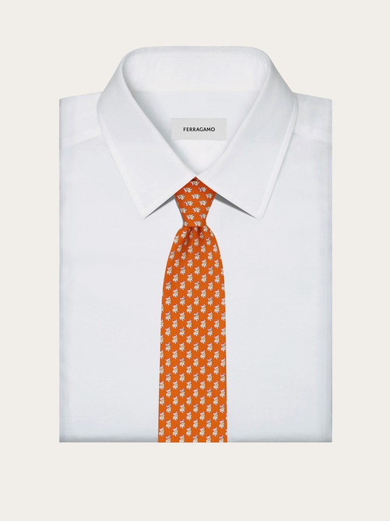 Ferragamo | Men's Bulldog Print Silk Tie - Orange