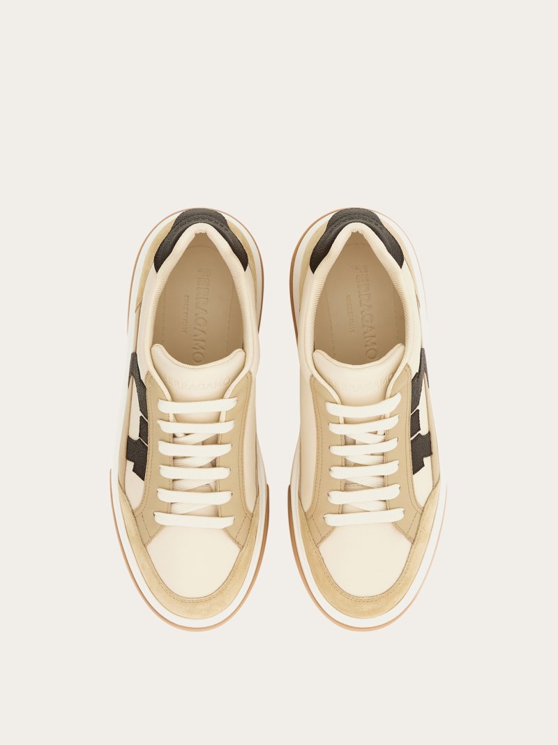 Ferragamo | Men's Low Top Sneaker With Gancini Ornament - Stone/Mascarpone