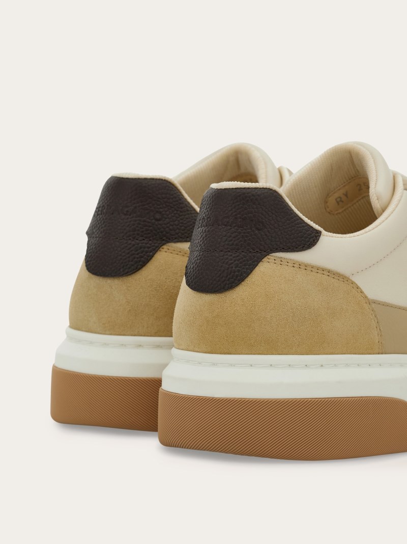 Ferragamo | Men's Low Top Sneaker With Gancini Ornament - Stone/Mascarpone
