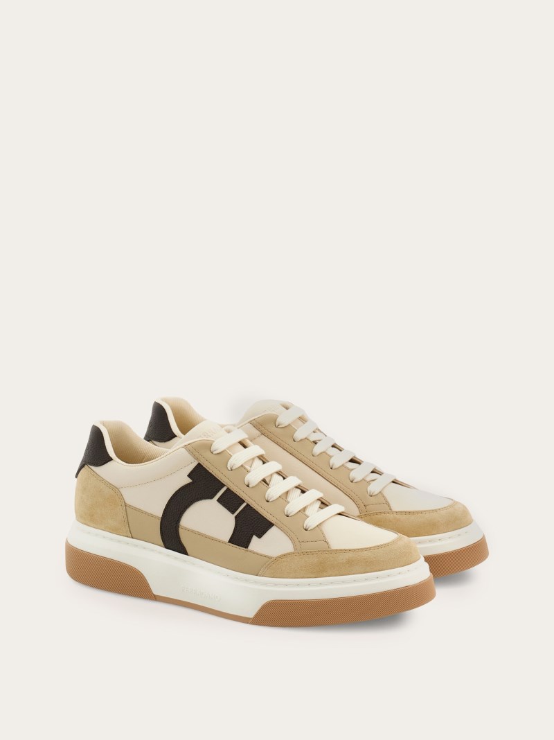 Ferragamo | Men's Low Top Sneaker With Gancini Ornament - Stone/Mascarpone