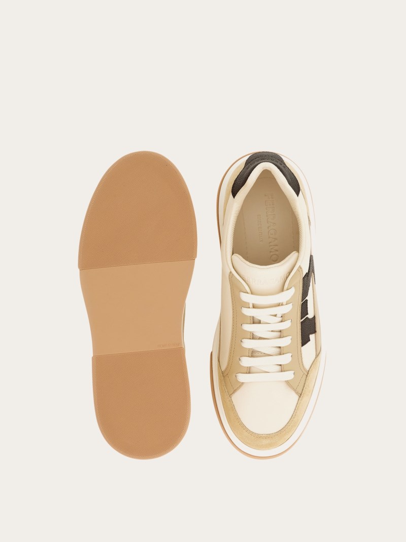 Ferragamo | Men's Low Top Sneaker With Gancini Ornament - Stone/Mascarpone