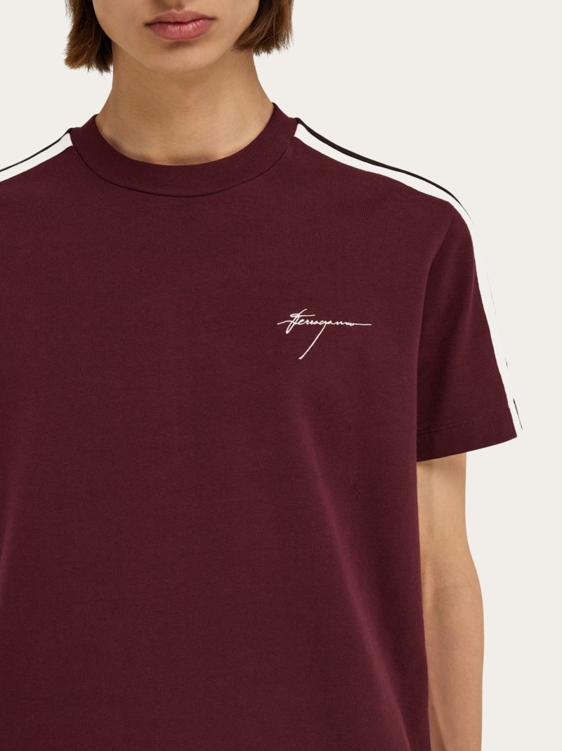 Ferragamo | Men's Short Sleeved T-Shirt With Contrasting Stripe - Oxblood