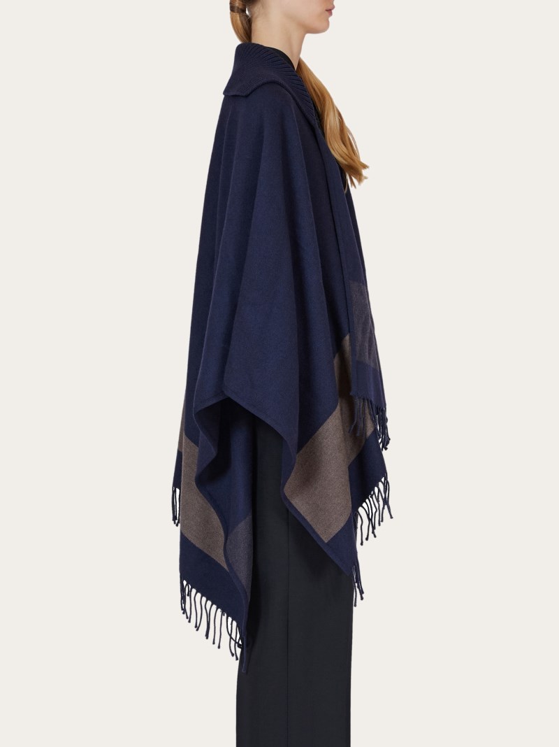 Ferragamo | Women's Fringed Cape - Navy Blue/Clay