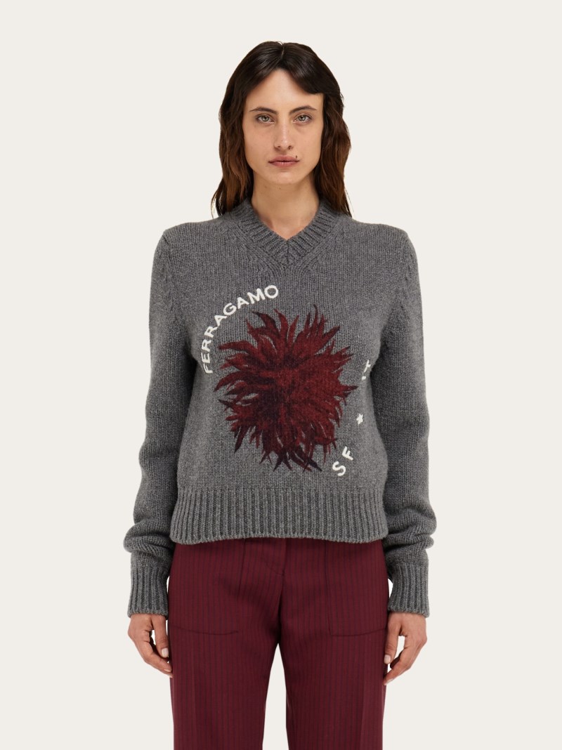 Ferragamo | Women's V-Neck Sweater With Floral Motif - M