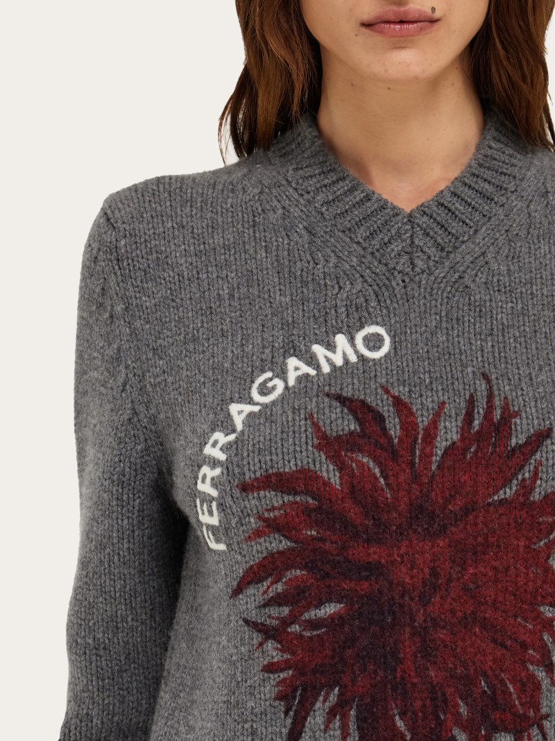 Ferragamo | Women's V-Neck Sweater With Floral Motif - M