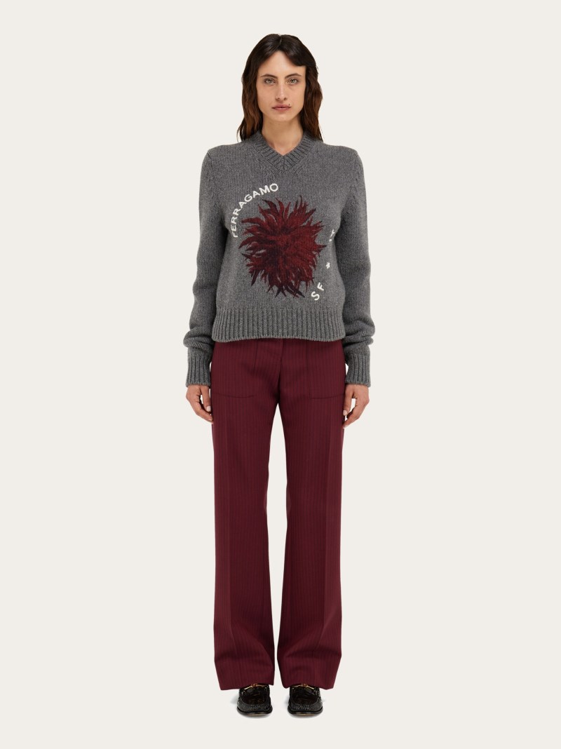 Ferragamo | Women's V-Neck Sweater With Floral Motif - M