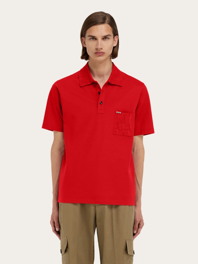 Ferragamo | Men's V-Neck Polo With Jacquard Pocket Detail - 