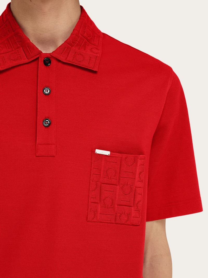 Ferragamo | Men's V-Neck Polo With Jacquard Pocket Detail - 