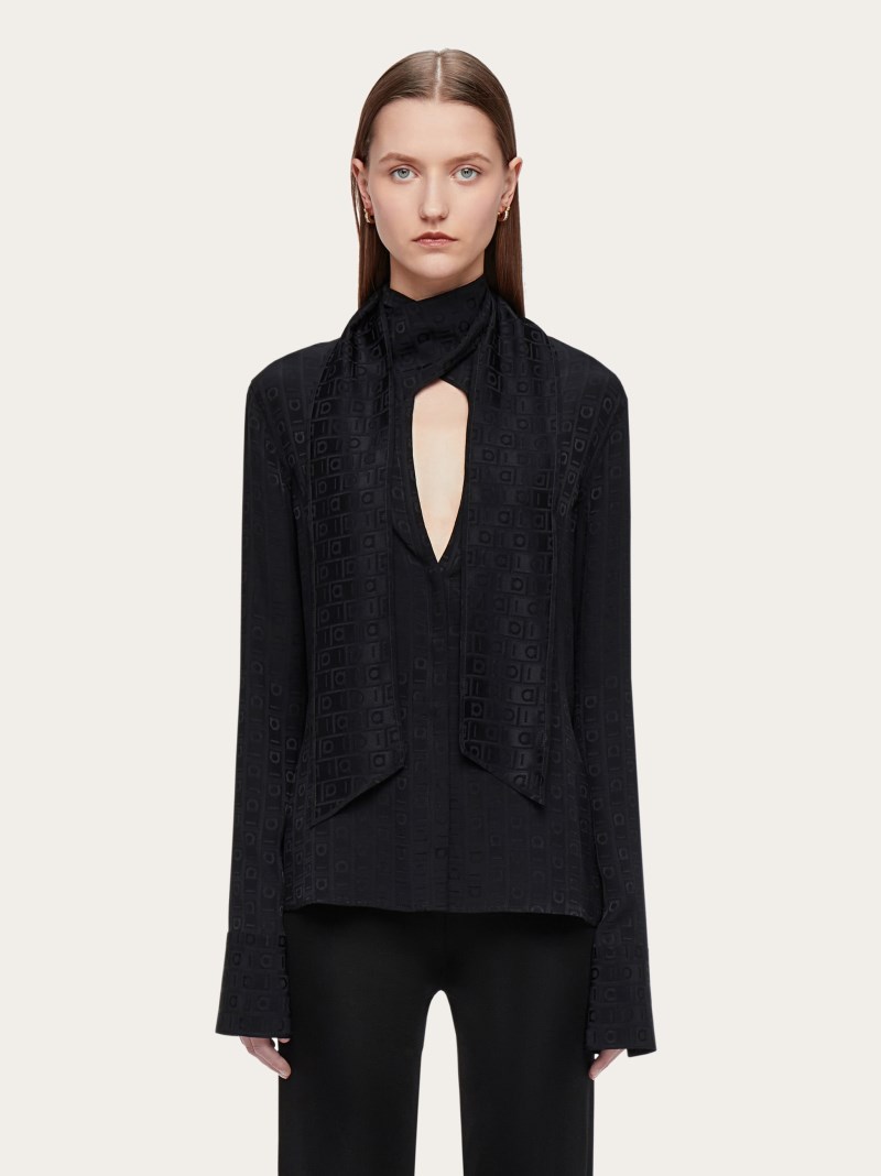 Ferragamo | Women's Monogram Shirt With Sash Collar - Black
