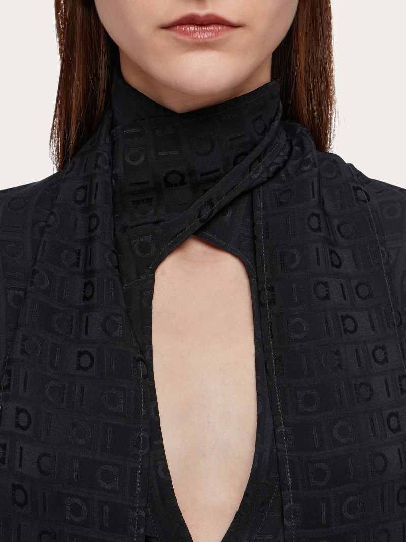Ferragamo | Women's Monogram Shirt With Sash Collar - Black